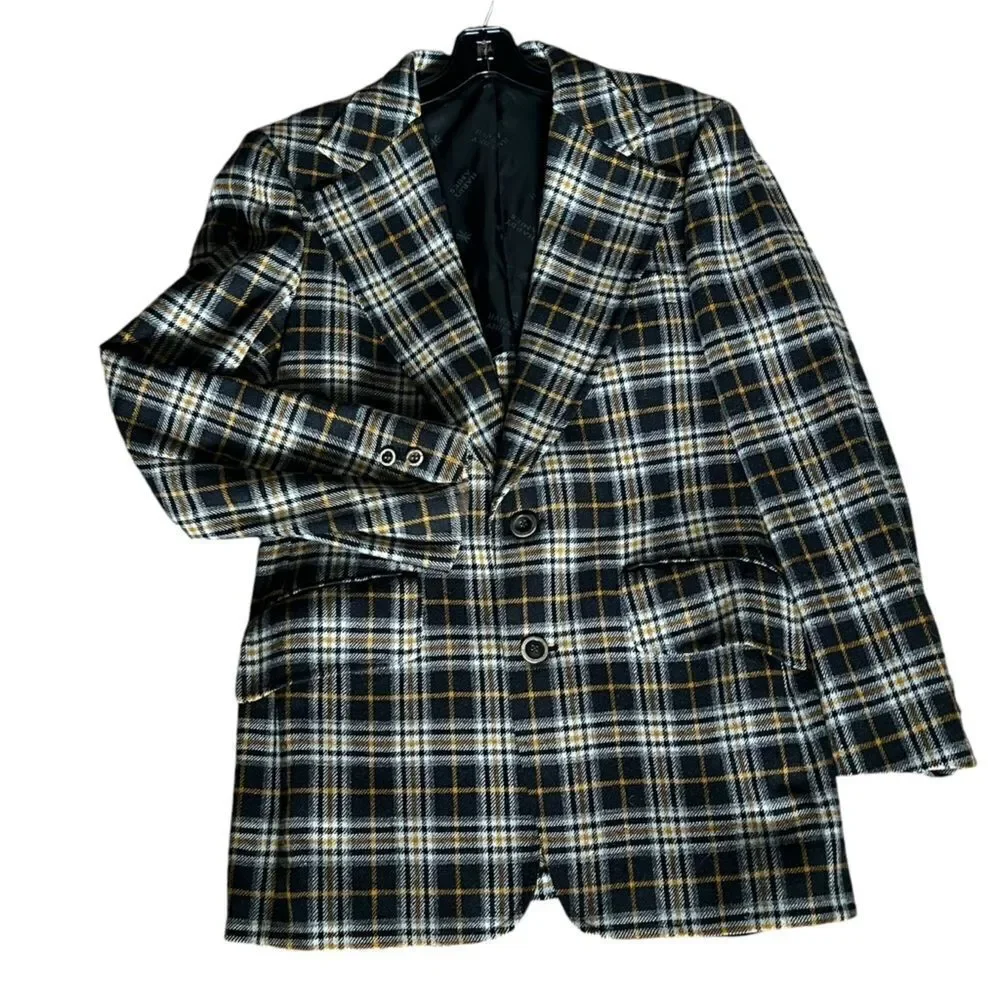 Hardy Amies of London Blazer Sport Coat. Plaid black/gray/gold/white. Sz 42R